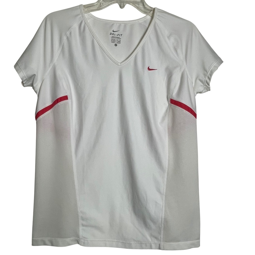Nike Dri Fit Womens White Red Athletic V Neck T Shirt Top Size L